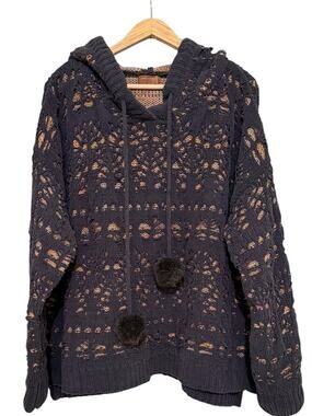 POL Anthropologie Navy Open Knit Hooded Sweater Pom Pom Boho Chunky Medium